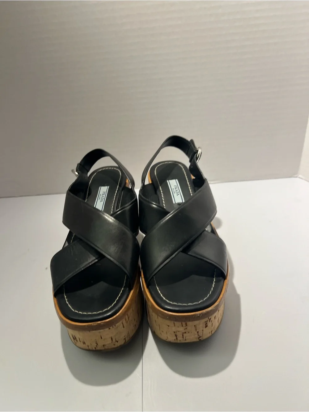 Prada Black Leather Cork Wedge Sandals with Slingback